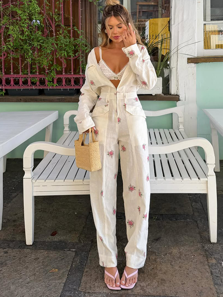 Women'S Formal Wear Jumpsuit - 2026 秋エレガントなプリント女性のジャンプスーツファッション長袖 V ネックジッパー女性オーバーオールオールマッチレディロンパース新