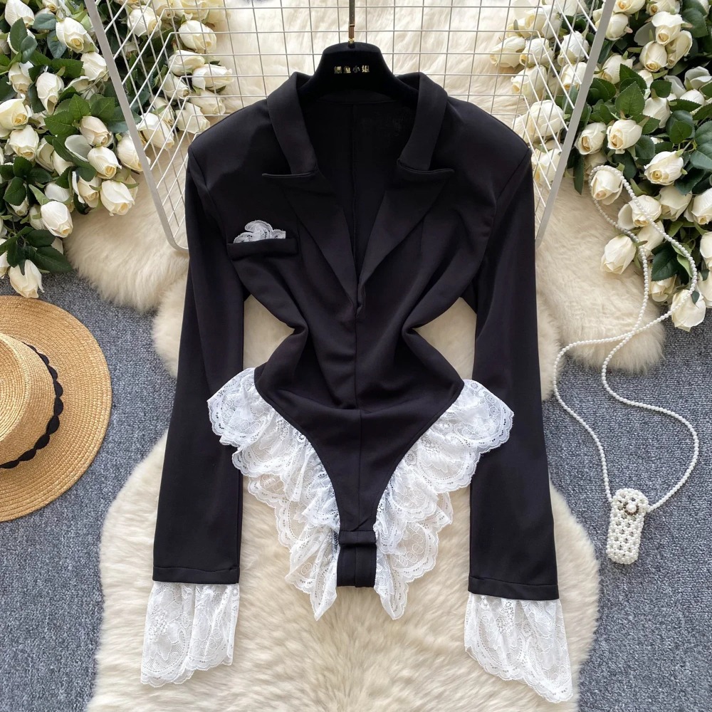 Women'S Formal Wear Jumpsuit - ホットスウィート-スプライスされたレースのボディスーツ,折りたたまれた襟,長袖,シックなスリムトップ,ストリートウェア,エレガント,韓国,セクシー,秋