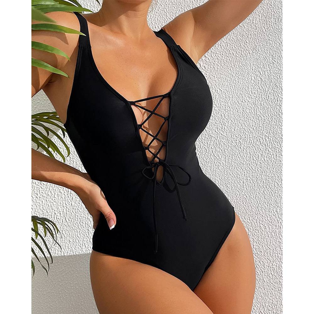 Monochrome Suit Set - Cikini-女性のためのワンピース水着、レースアップフロント、モノクロ、ビーチ水着、水着、夏