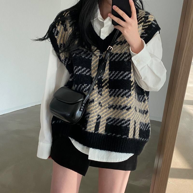 Women Formal Wear Korean - 格子柄レディースセータートップス2025通勤カジュアルY2Kフォーマルウール韓国風ベスト服プルオーバーニットベスト女性用