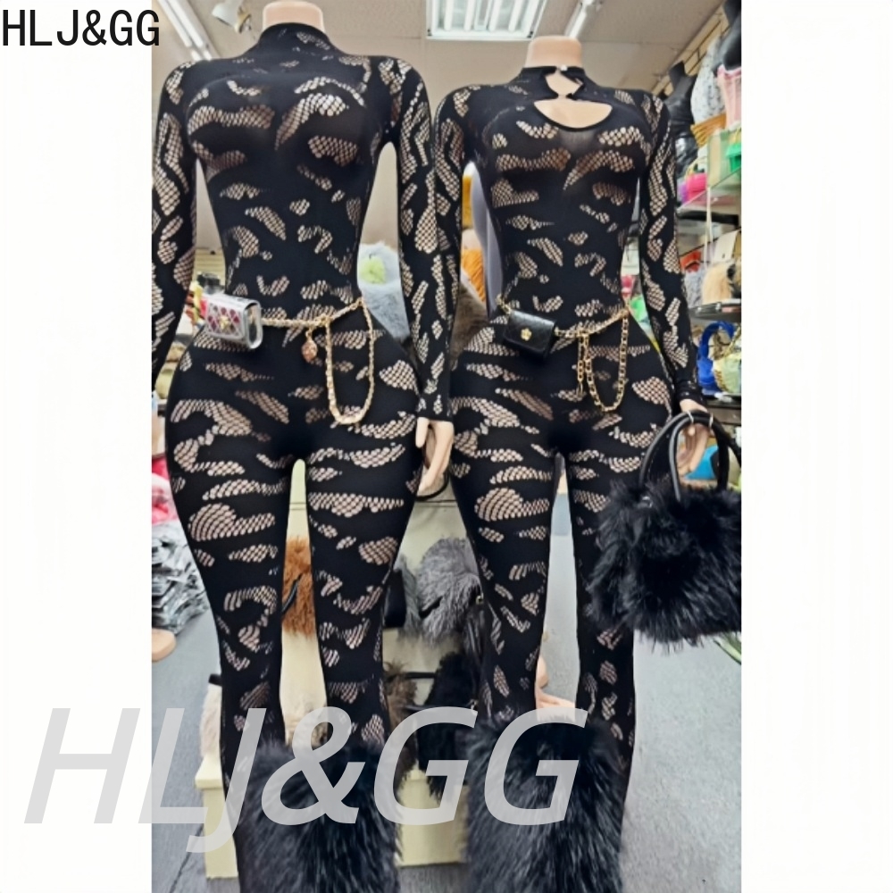Women'S Formal Wear Jumpsuit - HLJ&GG セクシーなレースシースルー中空ボディコンワンピースセット女性ラウンドネック長袖スリム遊び着ファッションストレッチオーバーオール