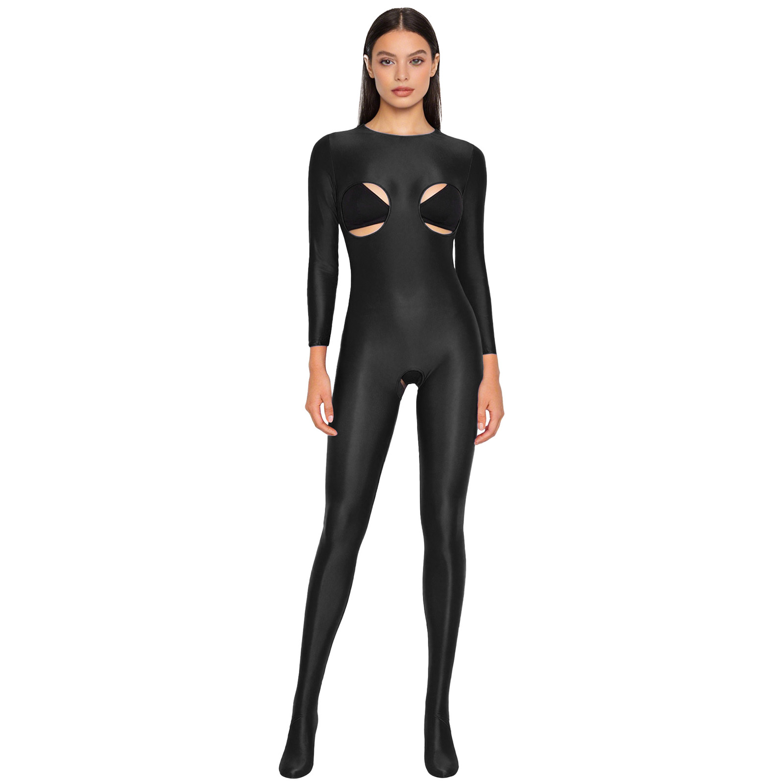 Women'S Formal Wear Jumpsuit - 女性用光沢のある伸縮性のあるオープンクロッチユニタードジャンプスーツナイトウェア長袖カップレスフットタイツボディスーツ、レイブアニバーサリー用
