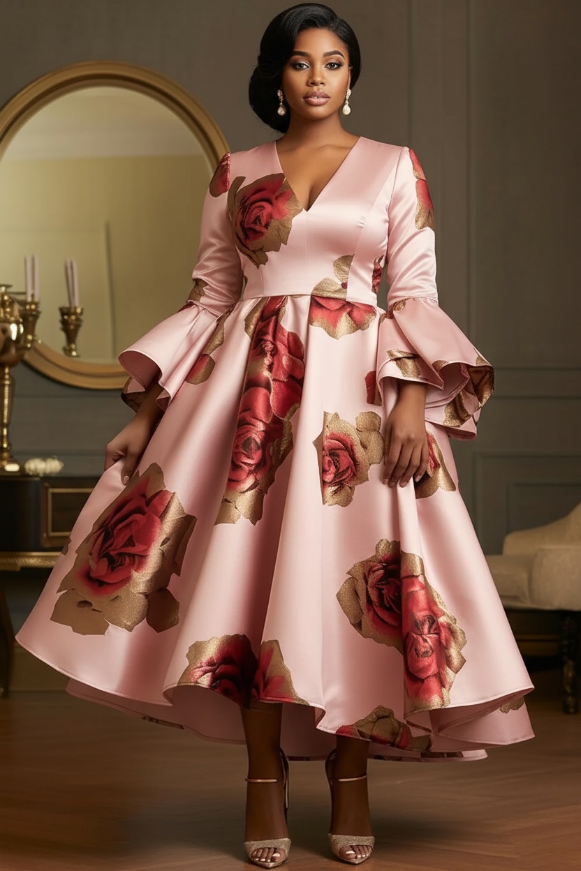 Women Formal Wear Dress - ファッショナブルでエレガントなプラスサイズサテンイブニングドレス、フレアスリーブ、Vネック、Aライン、マキシ丈、フォーマル、結婚式、ゲスト、パーティードレス（女性用）