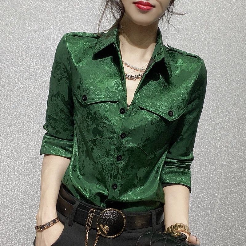 Women Formal Wear Dress - 女性トップス春と秋のフル長袖女性のシャツブラウスオフィス服着用ボタンアップフォーマルルーズグリーン Xl