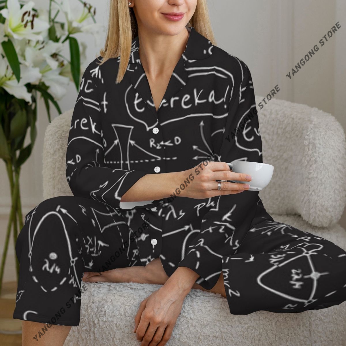 Monochrome Suit Set - 女性パジャマパジャマ科学科学的なモノクロアレンジメント落書き数式長袖パジャマセットネグリジェカーディガンスーツ