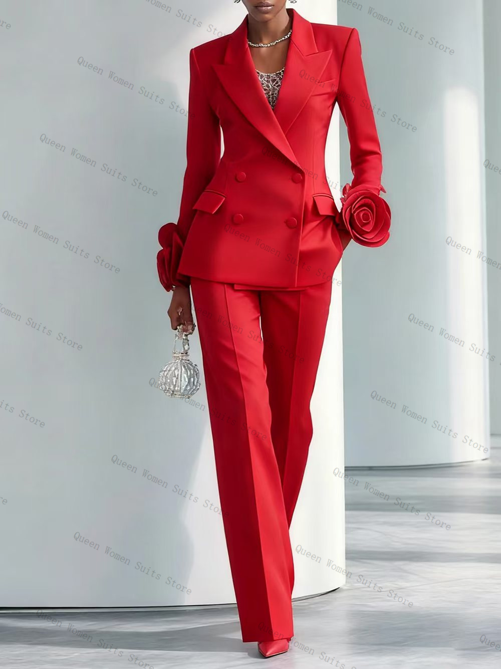 Women'S Formal Wear Jackets - 高級レッド女性スーツセット 2 個ブレザー + パンツズボン 3D
