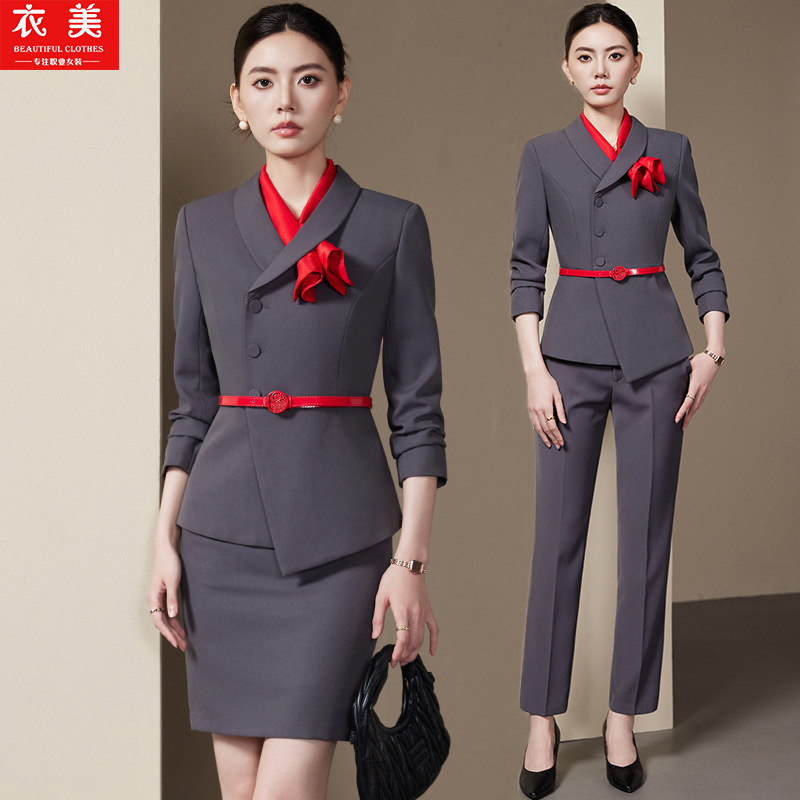 Women Formal Wear Store - グレーのレディーススーツセット2025新ファッション長袖プロフェッショナルウェアジュエリーストア販売フロントデスクワークユニフォームフォーマルウェア