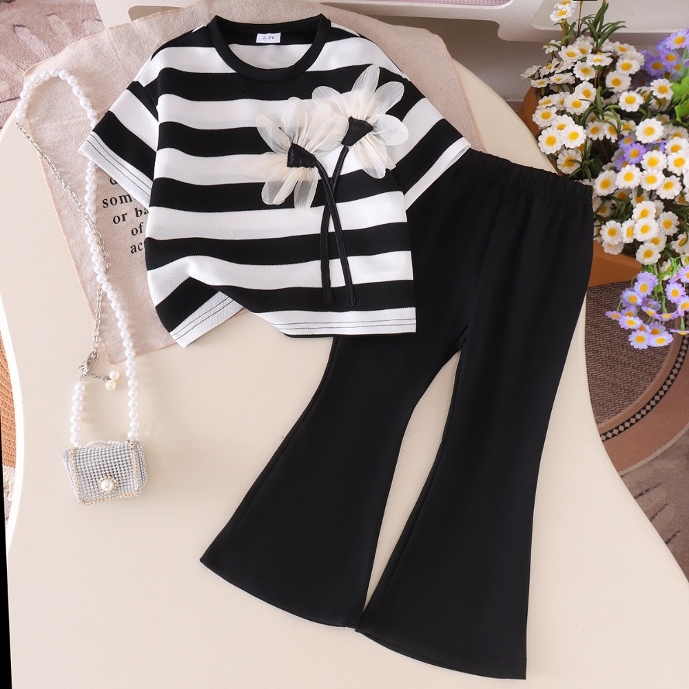 Monochrome Suit Set - 新着子供用モノクロストライプTシャツスーツ、立体花柄半袖トップス、男の子女の子ベルボトムパンツカジュアルアンサンブル