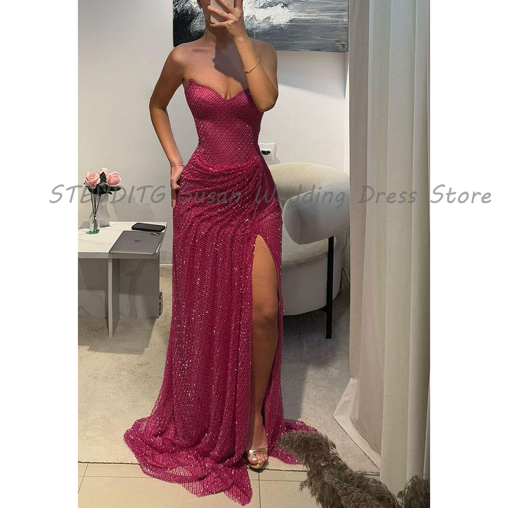 Women Formal Wear Dress - 絶妙なイブニングドレス女性ベントストラップレスノースリーブ高品質フロアレングスウエディングパーティー女性ガウンスイープトレインクラシック