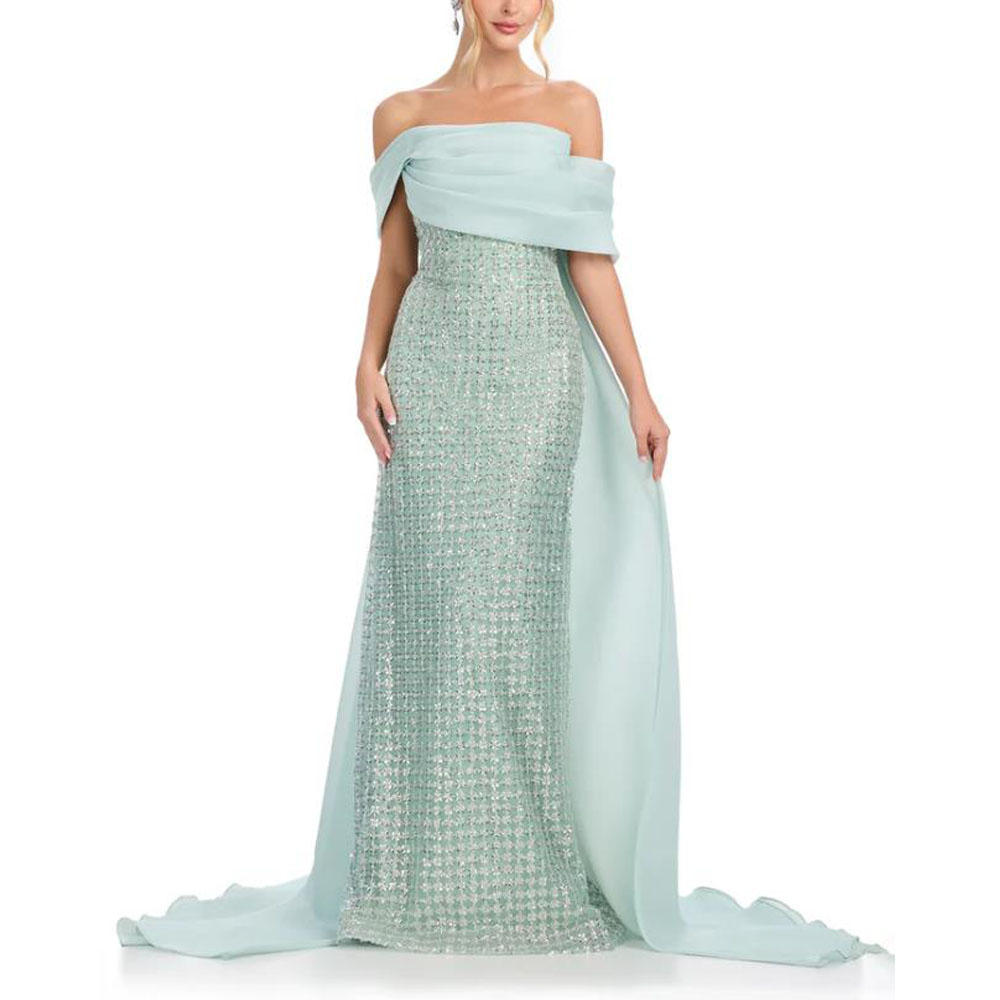 Women Formal Wear Dress - カスタマイズされたグリッターイブニングドレスオフショルダートレイン特別な日のドレス女性のためのプリーツマーメイドアラビアドバイガウン
