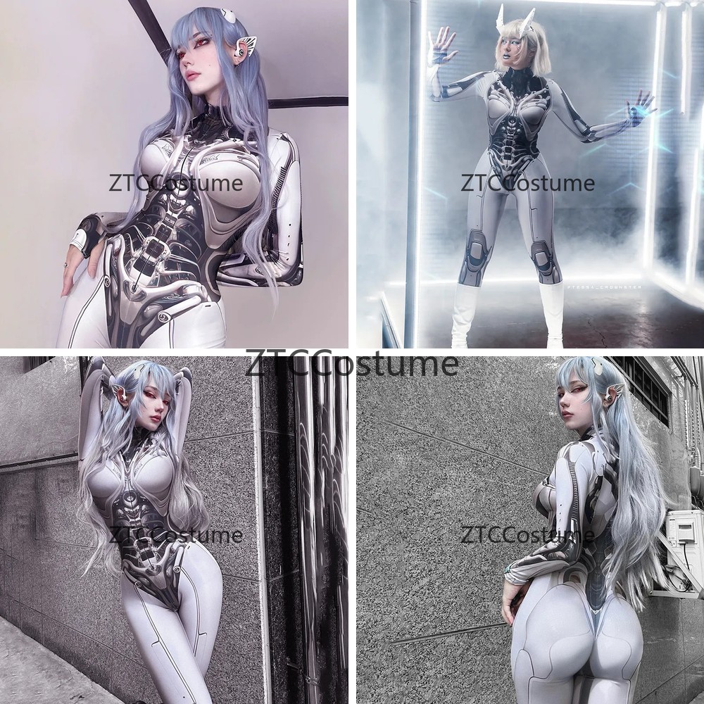 Women'S Formal Wear Jumpsuit - 3Dプリントコスプレボディスーツ Y2Kテックウェア ゴシックパンクプレイスーツ アニメ女性用モックネックジップ長袖ジャンプスーツ