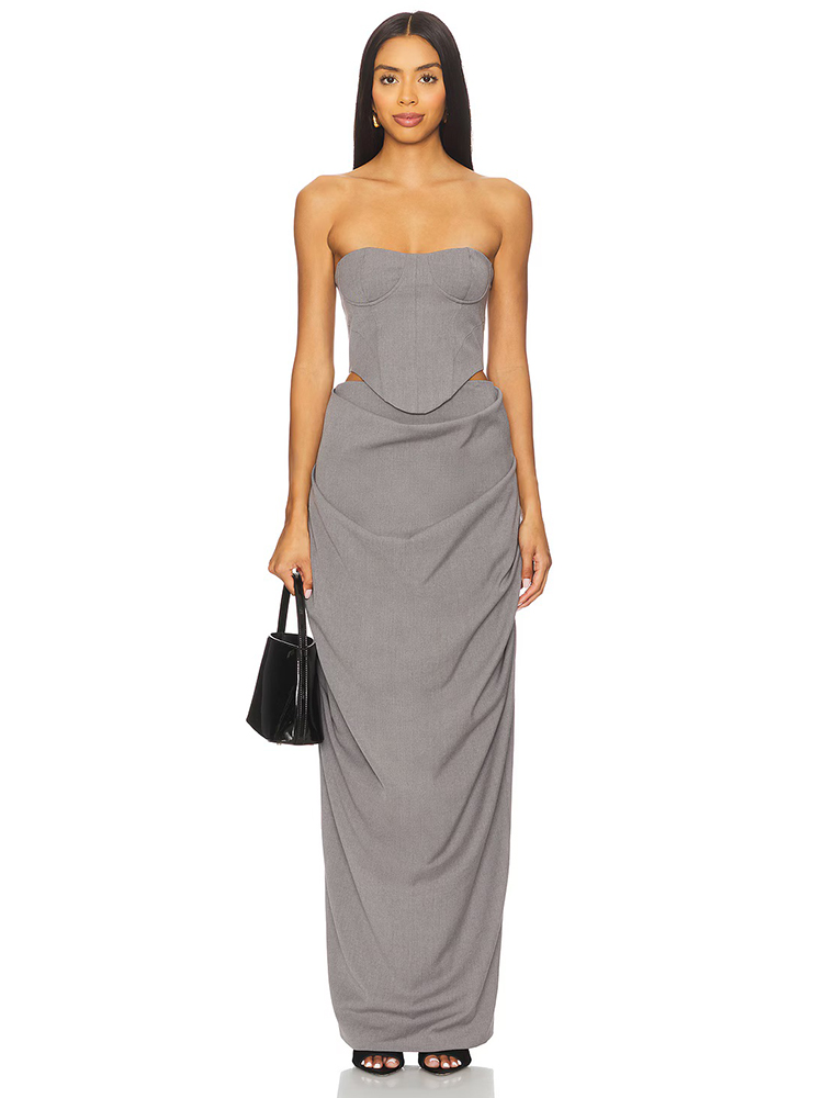 Women Formal Wear Dress - グレーのオフショルダーコルセットルーシュードドレスセット2026 レディース エレガントフォーマルガウン イブニングパーティードレス シックなデザインセンス ロングドレス