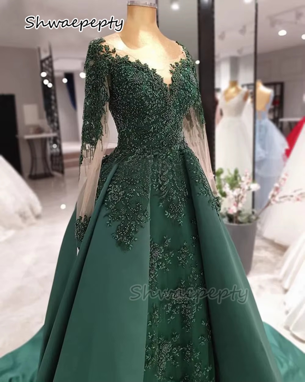 Women Formal Wear Dubai - エレガントなハンターグリーンのイブニングドレスアラビアドバイ女性フォーマルイベントガウン長袖ビーズレース高級ウエディングウェアカスタマイズ