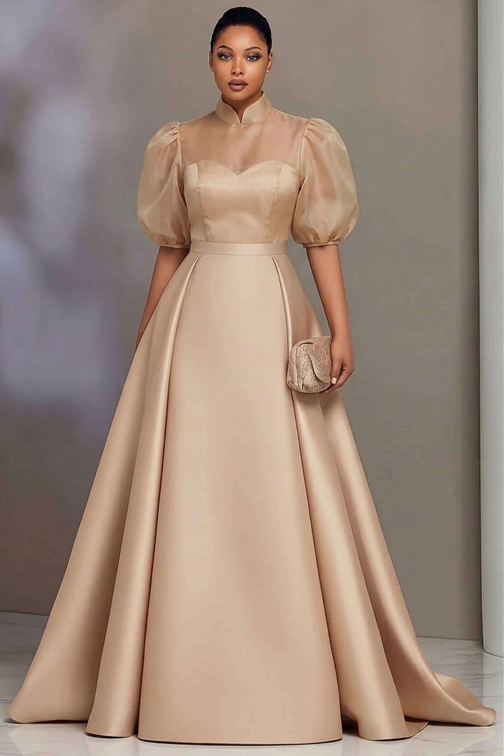 Women Formal Wear Dress - プラスサイズ エレガント サテン プロムドレス レディース スタンドカラー