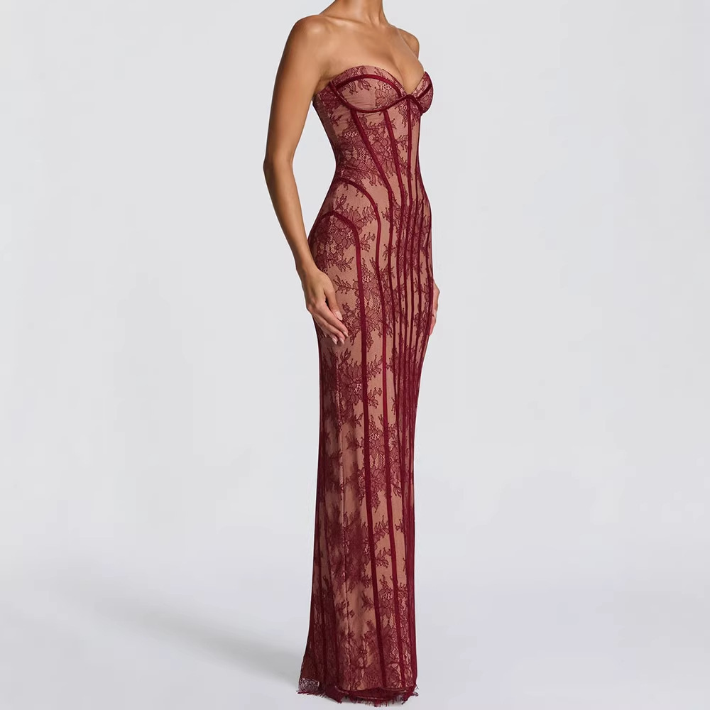 Women Formal Wear Dress - ストラップレスボディコンマキシドレス レディース 2026 ストライプ柄 バックレス エレガント