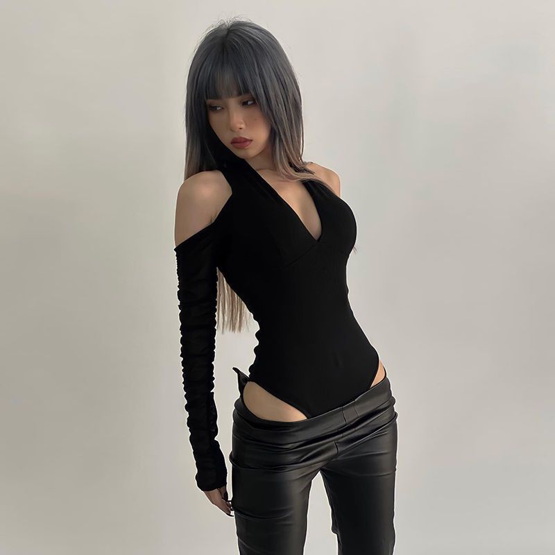 Women'S Formal Wear Jumpsuit - 女性のセクシーな中空ボディスーツ長袖オフショルダートップス無地ファッションハンギングネックカラージャンプスーツボトミング服