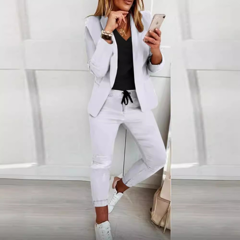 Monochrome Suit Set - 女性用カジュアルビジネススーツ,ドローストリング付き通勤パンツ,伸縮性ウエスト,ファッショナブルなスリット,2点セット