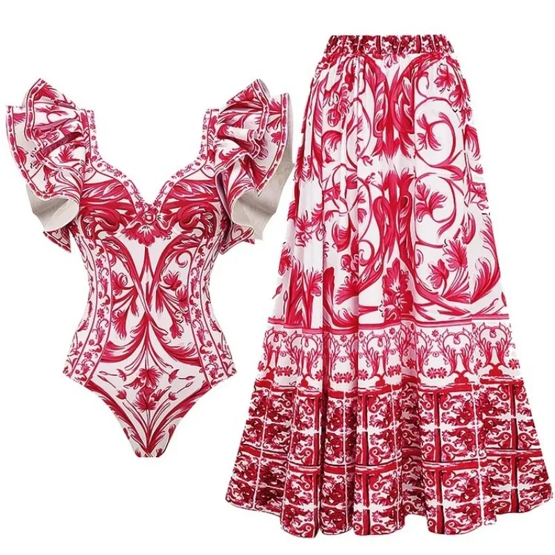 女性用ワンピースプリント水着,フリル水着,モノクロビーチドレ - Monochrome Suit Set のレビューと価格