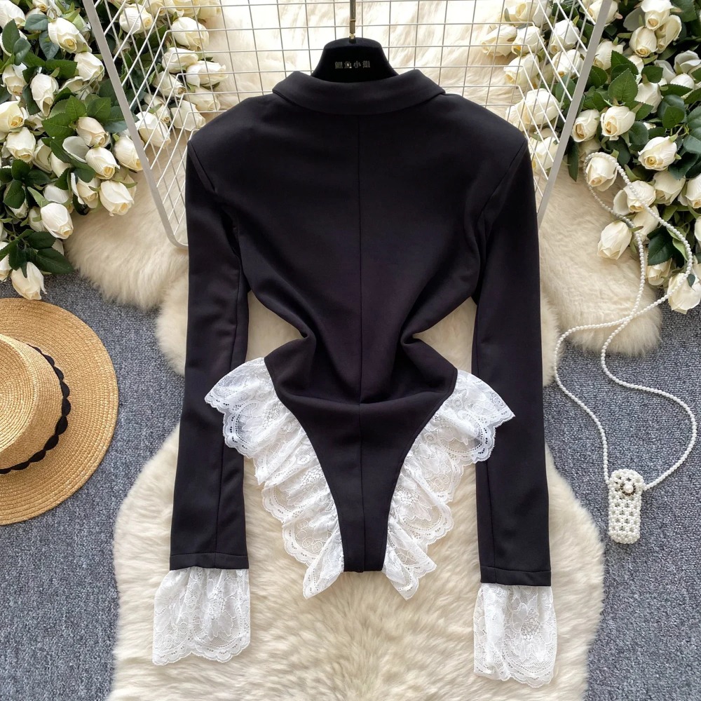 ホットスウィート-スプライスされたレースのボディスーツ,折り - Women'S Formal Wear Jumpsuit のレビューと価格