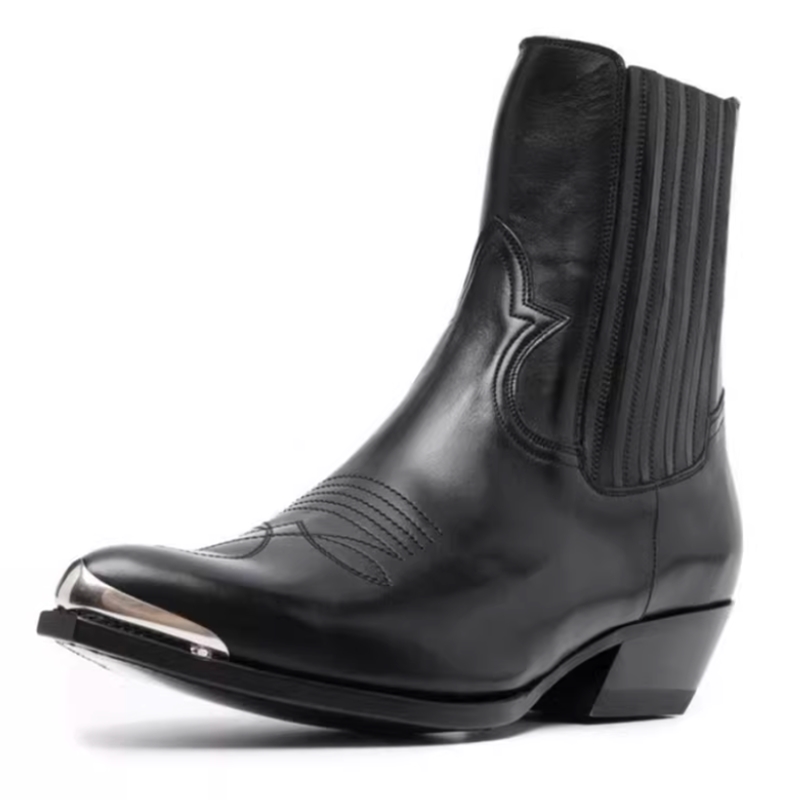 メンズブラックレザーウエスタンチェルシーアンクルブーツ、ポイ - Women Formal Wear Western のレビューと価格