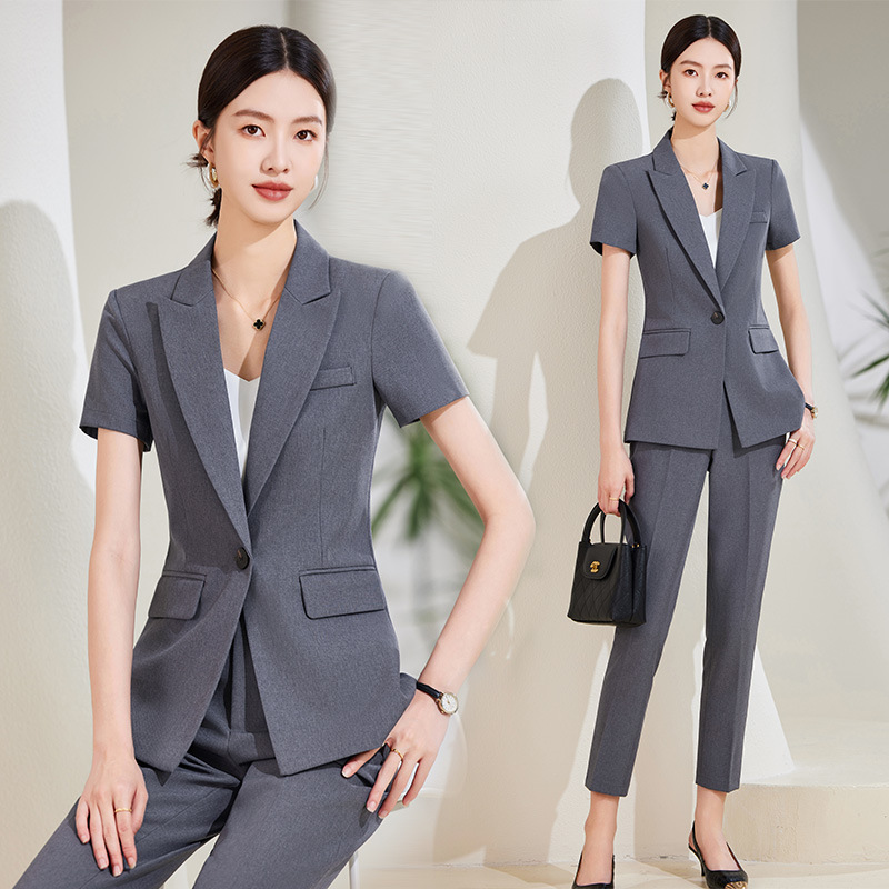 ネイビーブルーの半袖スーツセット（女性用）、夏用薄手プロフェ - Women Formal Wear Store のレビューと価格