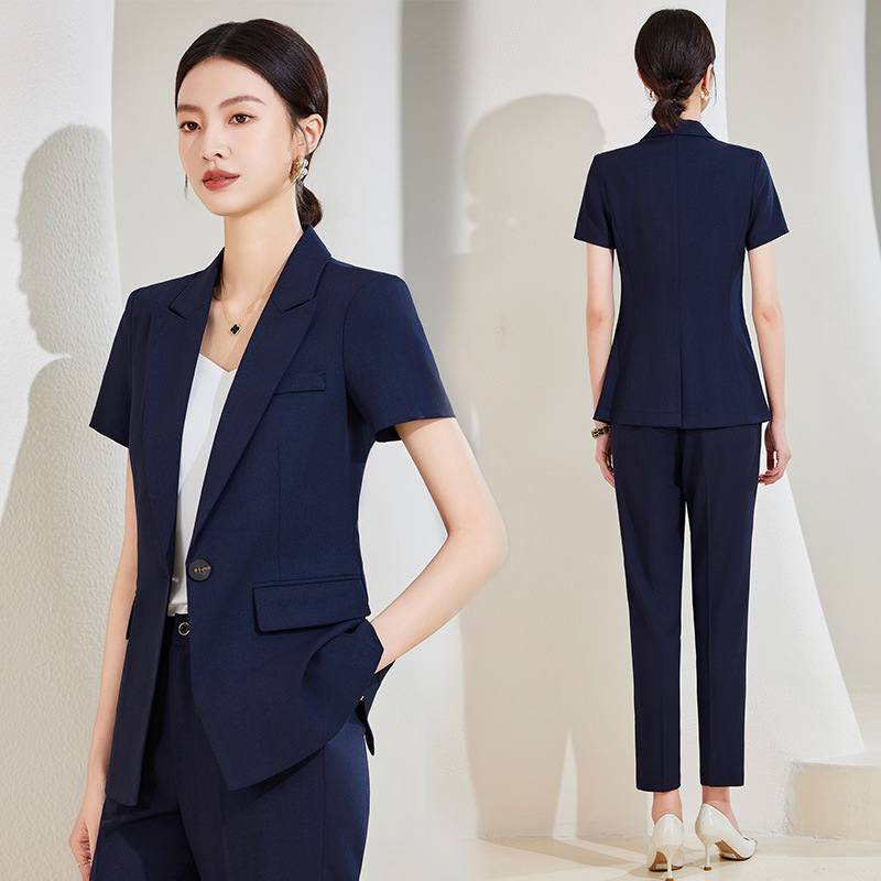 ネイビーブルーの半袖スーツセット（女性用）、夏用薄手プロフェ - Women Formal Wear Store のレビューと価格