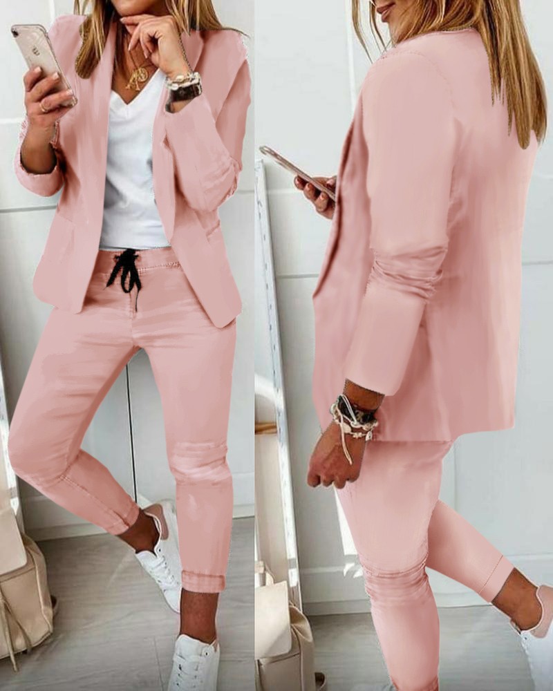 女性用カジュアルビジネススーツ,ドローストリング付き通勤パン - Monochrome Suit Set のレビューと価格
